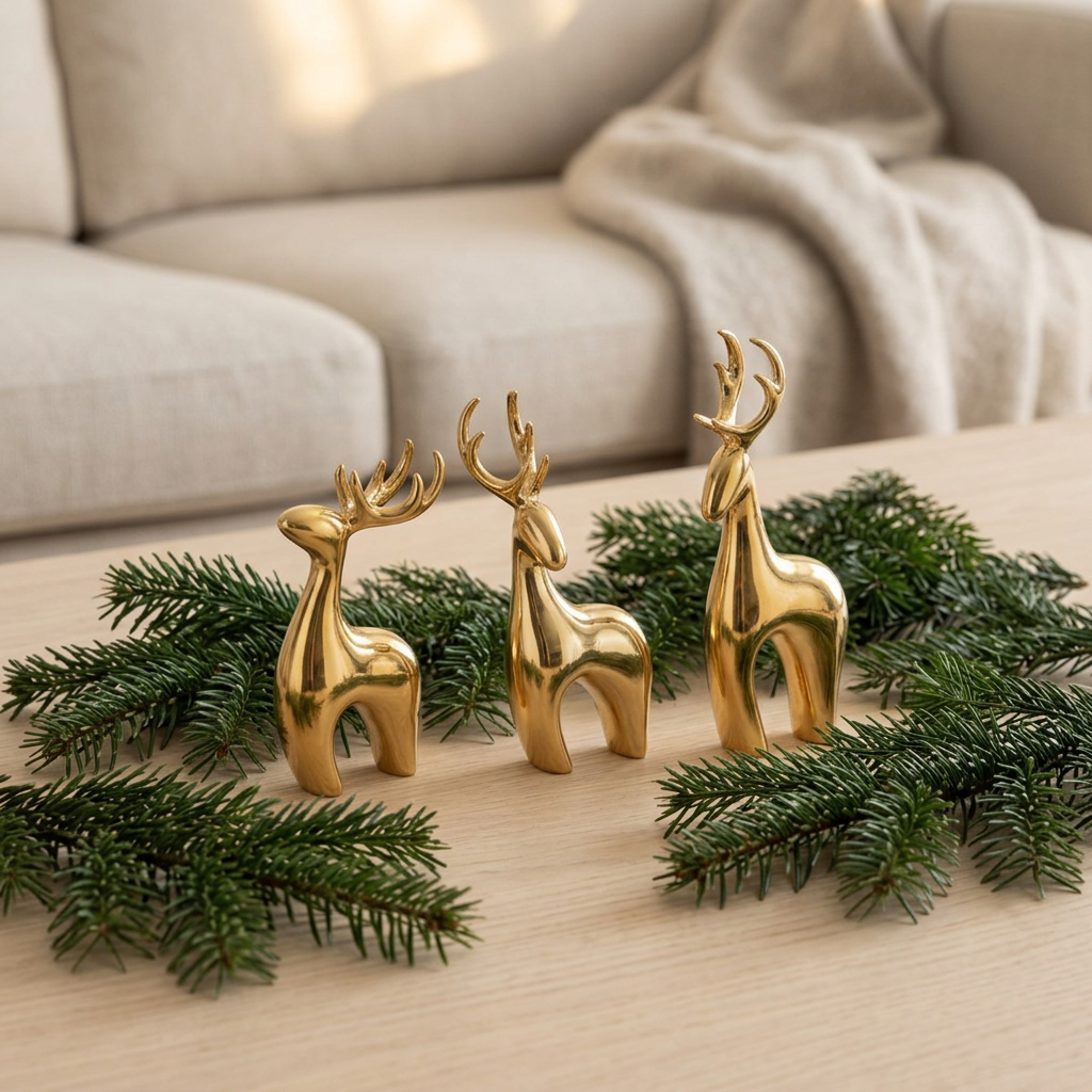 Drei goldfarbene Rentierfiguren auf einem weihnachtlich dekorierten Holztisch mit locker angeordneten dunkelgrünen Tannenzweigen