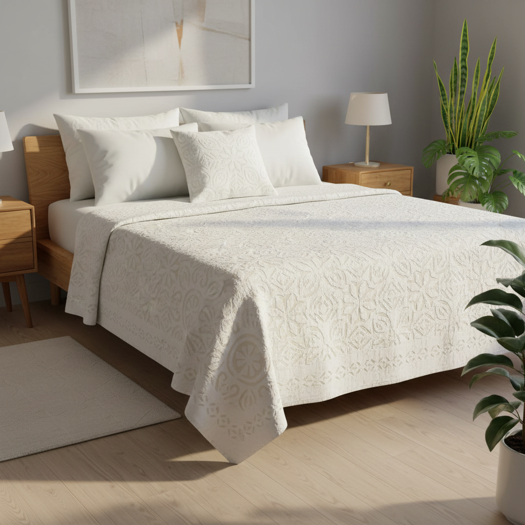 Indradanush Tagesdecke Cutwork creme weiß natürlich gestylt