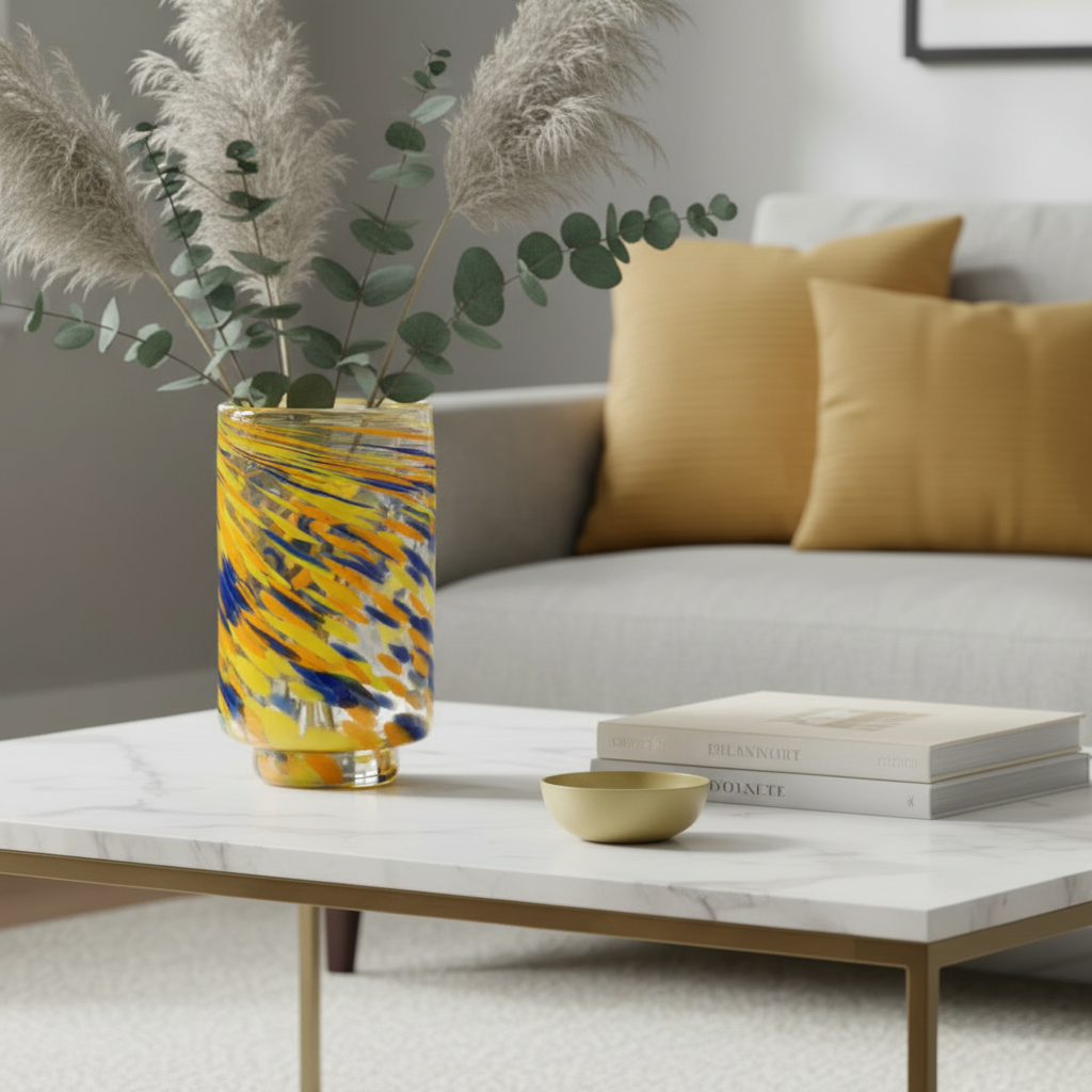 Nahaufnahme der Vase auf elegantem Couchtisch