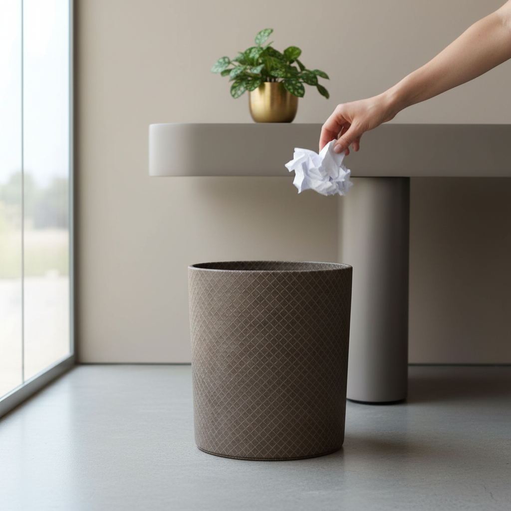 Papierkorb braun Leder Hand wirft Papier dynamisch