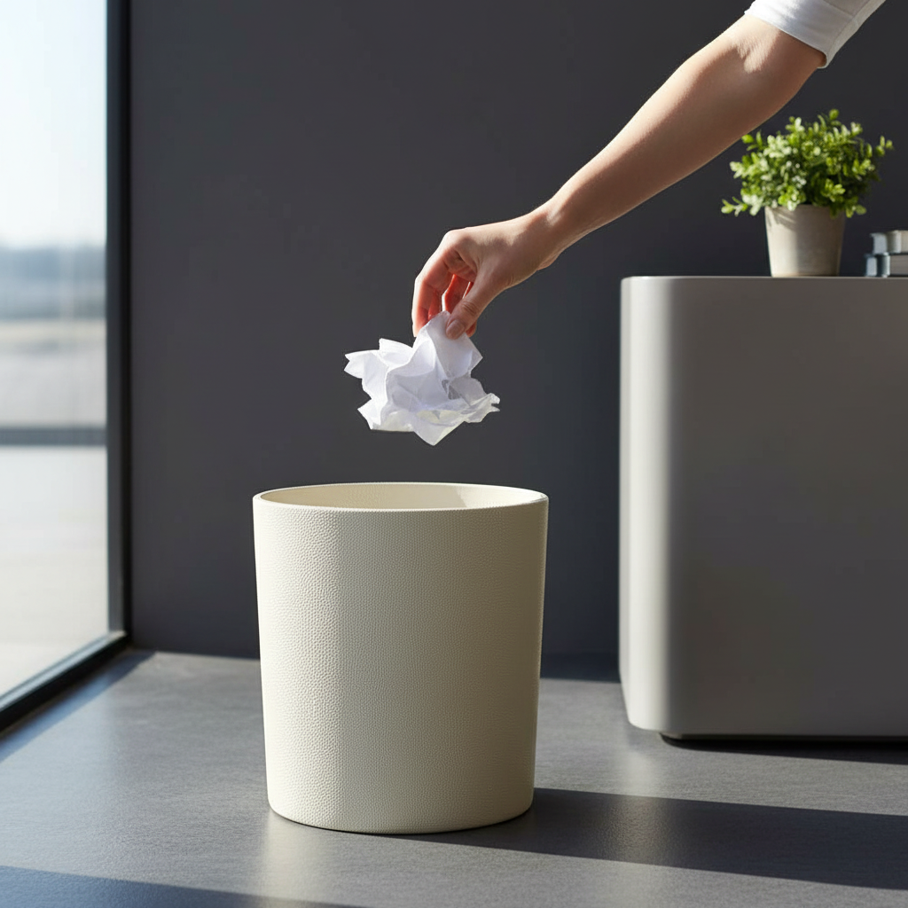 Papierkorb Rochenoptik creme Hand wirft Papier dynamisch