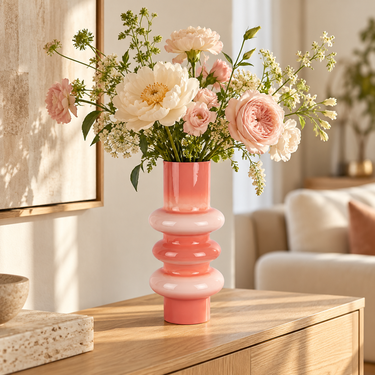 Vase Grato Medium in Roségold mit hellen Blumen auf einer Holzkonsole im modernen Wohnambiente