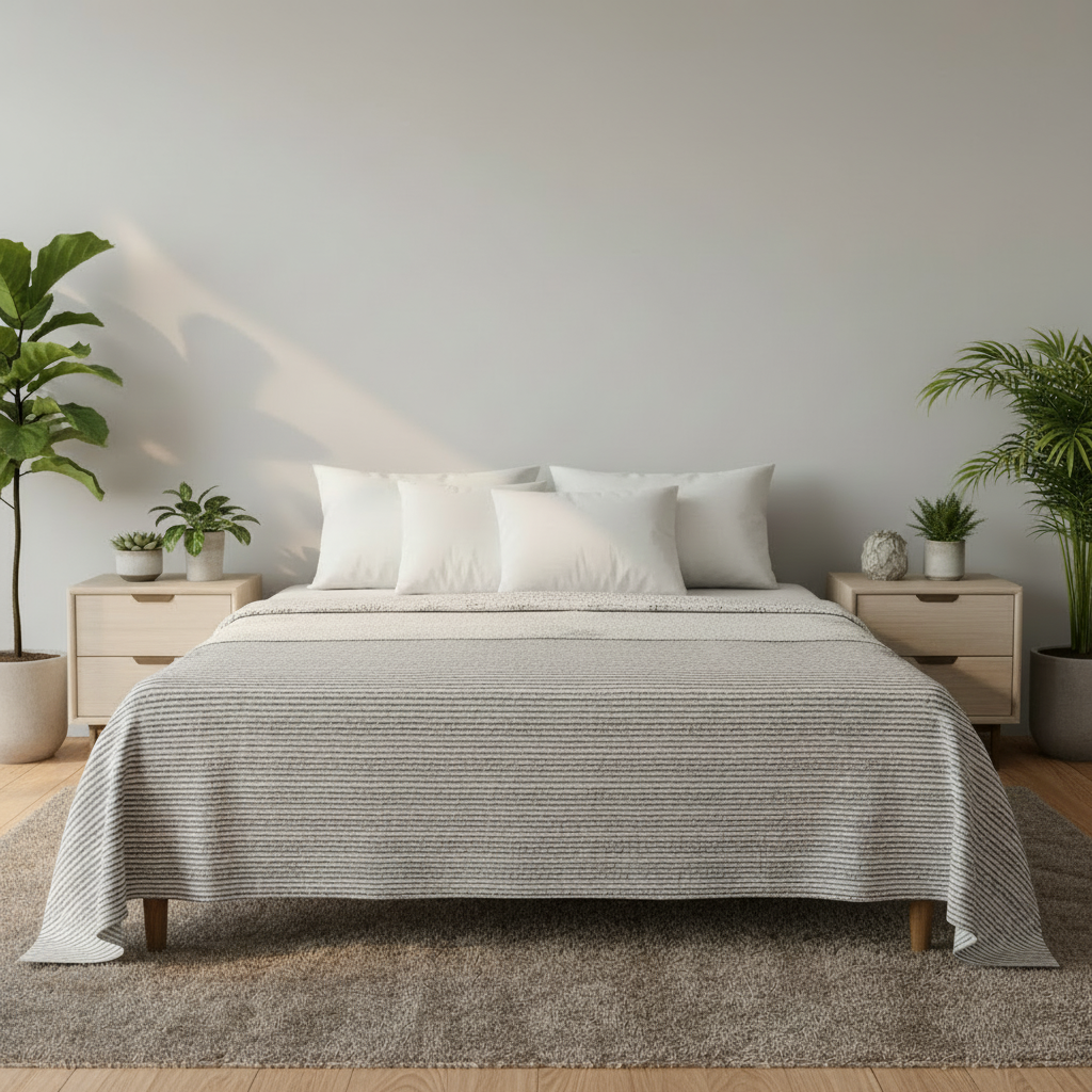 Schlafzimmer mit schlichter Tagesdecke