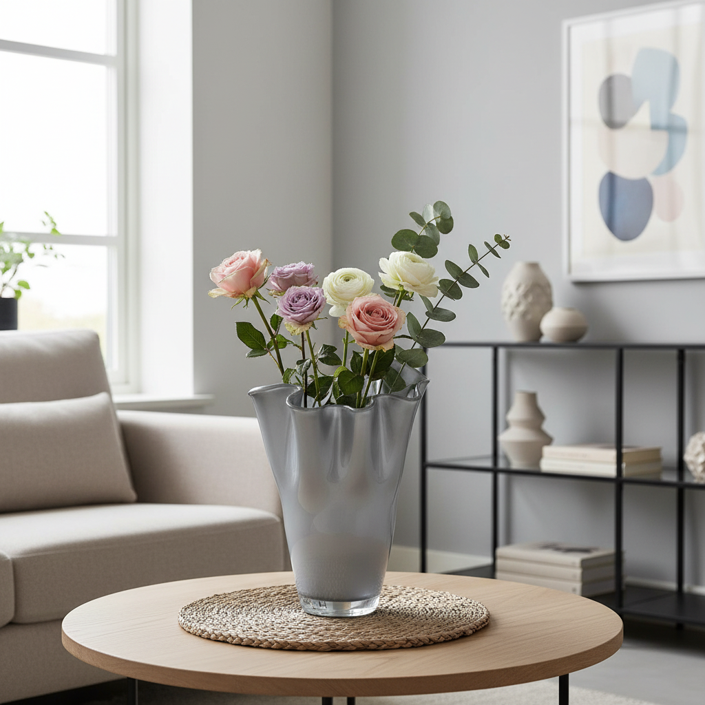 Schlanke silberne Vase mit wenigen Blumen