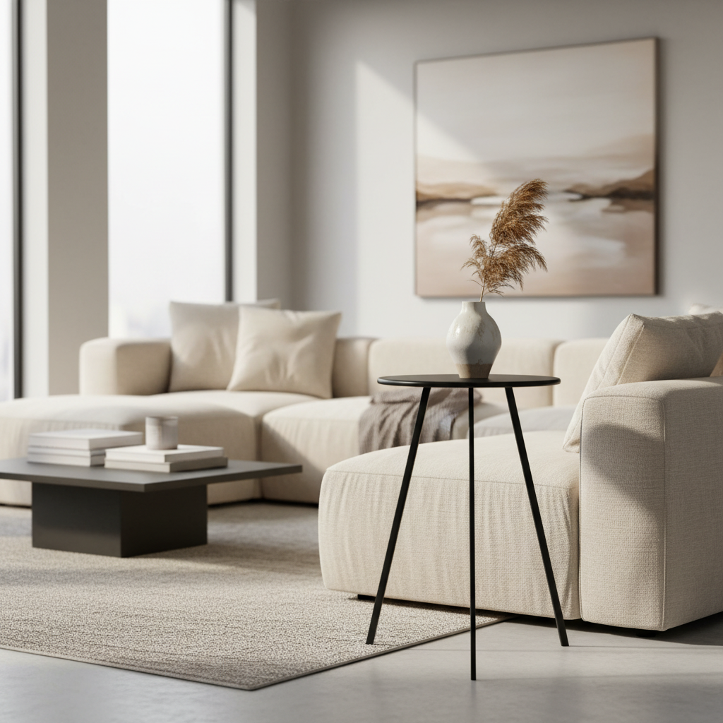 Schwarzer Dreibein-Tisch neben Sofa