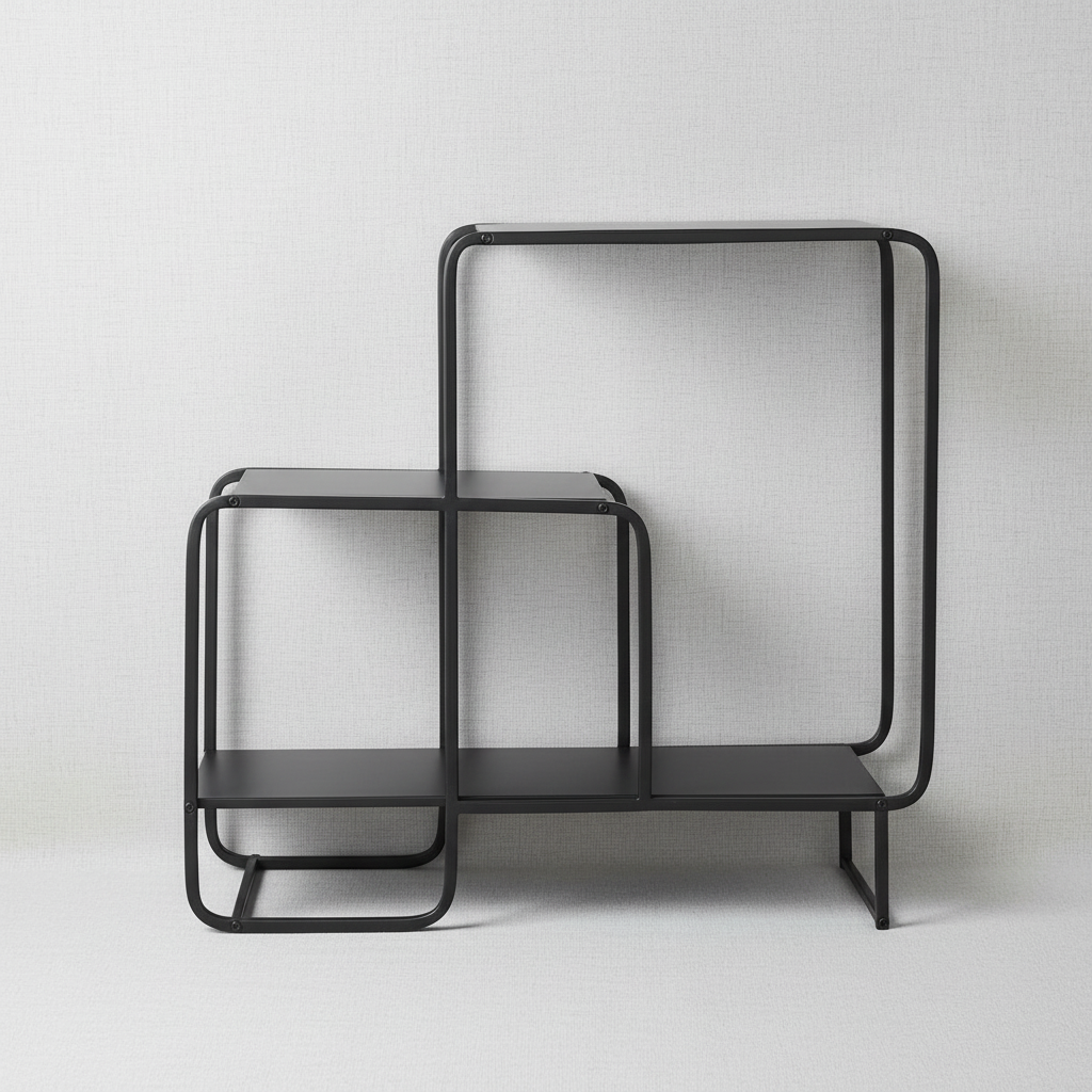 Schwarzes Metallregal vor heller grauer Tapete