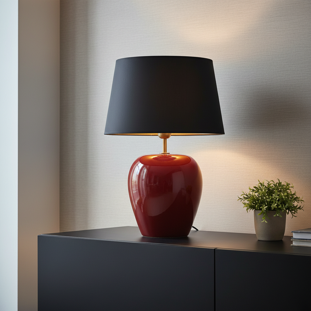 Signature Nachttischlampe rot mit schwarzem Schirm auf moderner Konsole