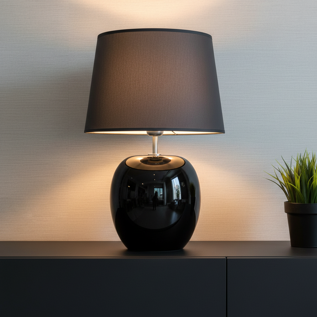Signature Nachttischlampe schwarz mit korrekter Form auf moderner Konsole