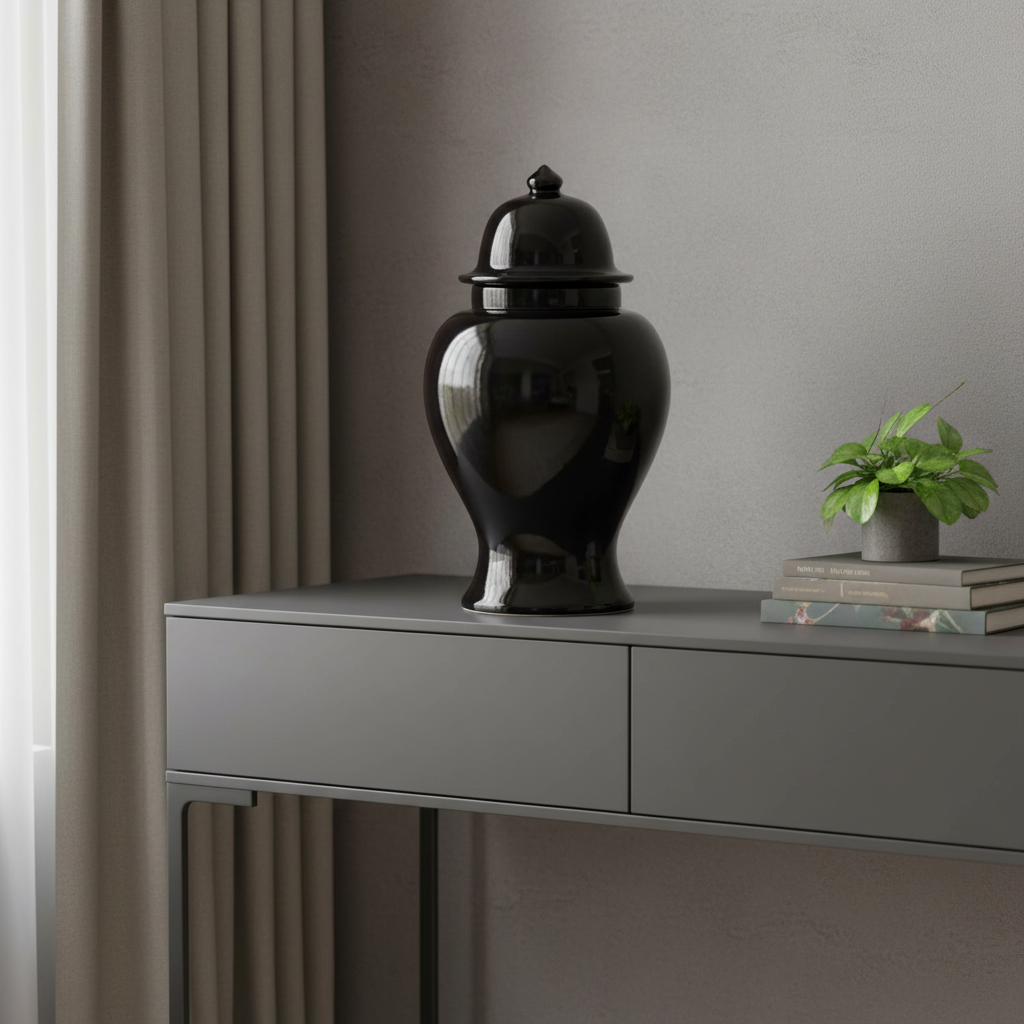 Signature Tempelvase schwarz auf grauer Konsole modern