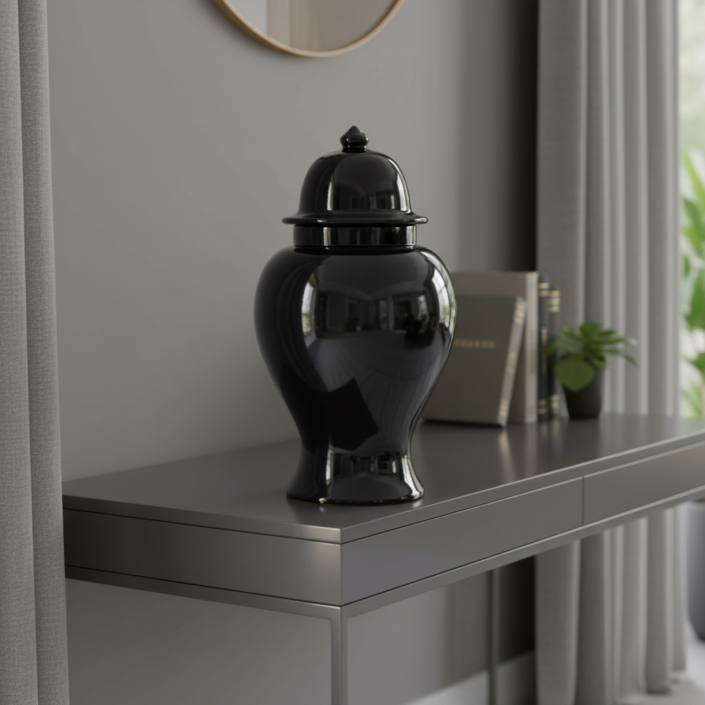 Signature Tempelvase schwarz Nahaufnahme mit Deckel