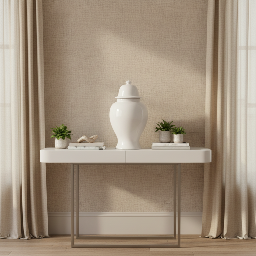 Signature Tempelvase weiß auf moderner schlichter Konsole