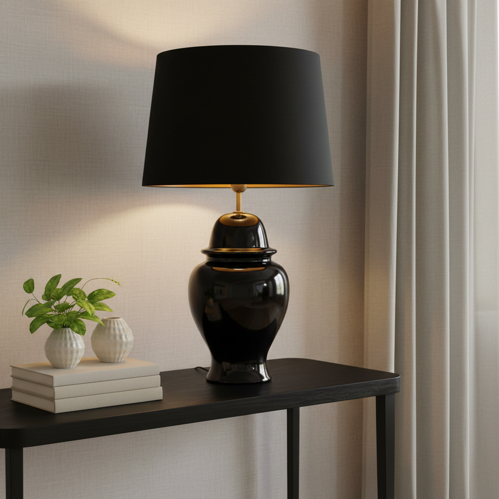 Signature Tischlampe schwarz mit konischem Schirm und sichtbarer Goldinnenseite