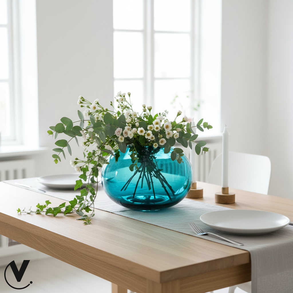 Türkise Kugelvase auf Esstisch