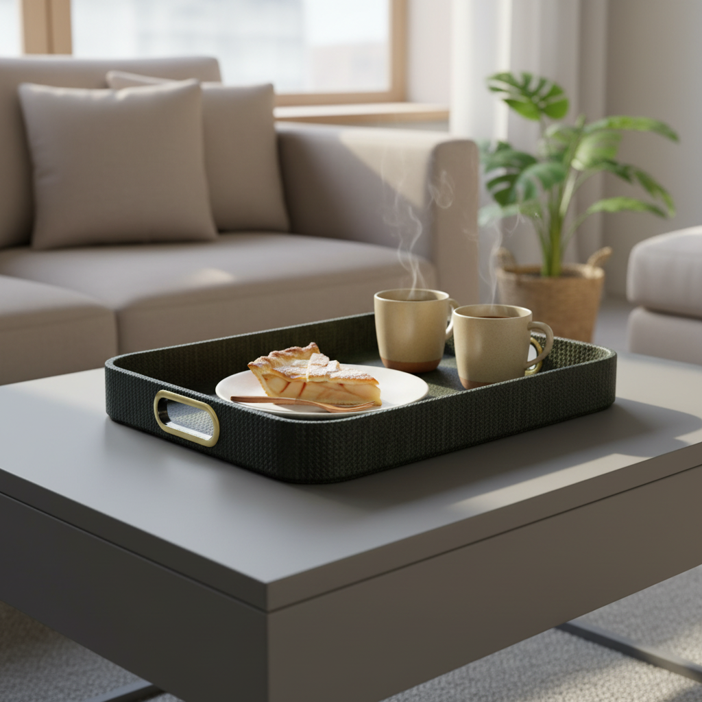 Tablett Gewebe grün mit Messinggriffen - Hygge Wohnzimmer