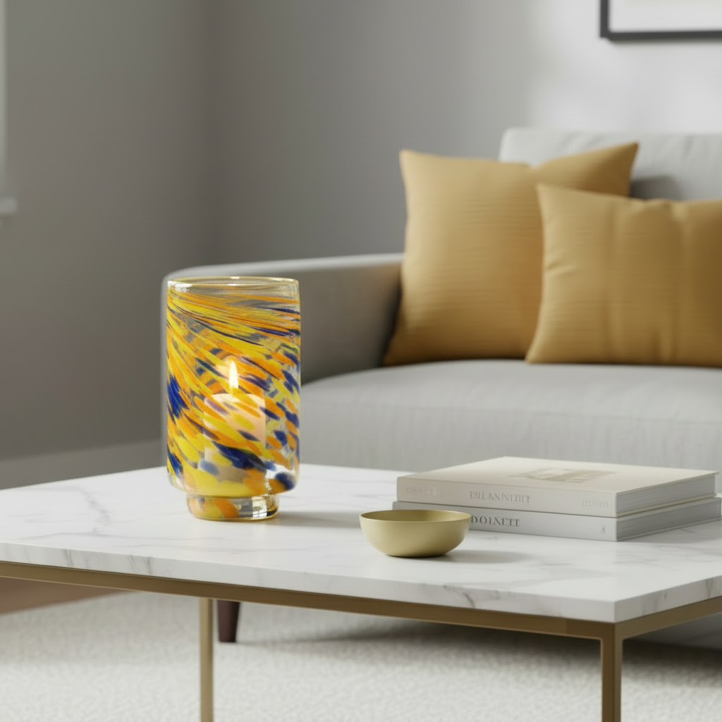 Vase als Windlicht mit brennender Kerze