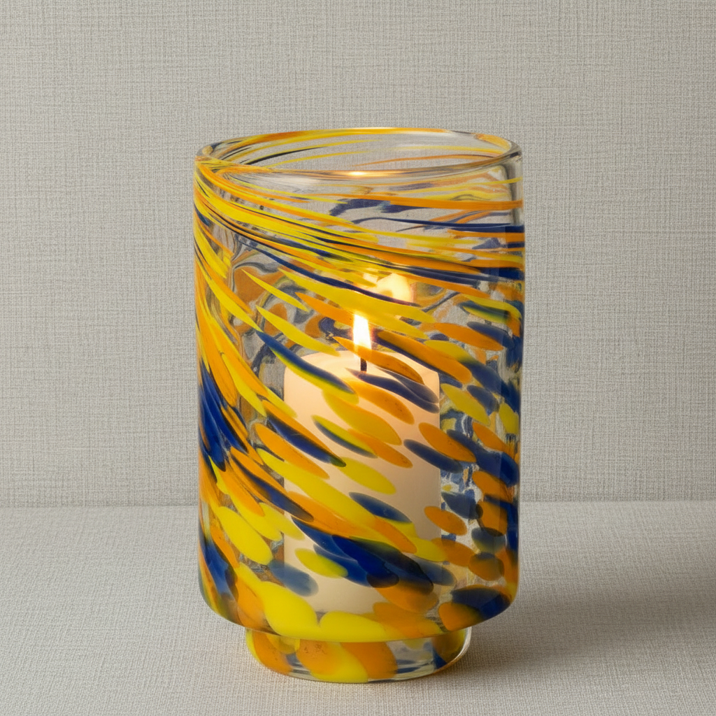 Windlicht mit durchsichtigem Glas und sichtbarer Kerze